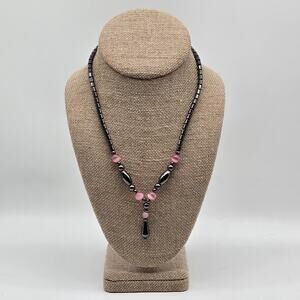 Metallic Gunmetal Sheen Hematite and Round Pink Cats Eye 16" Beaded Necklace
